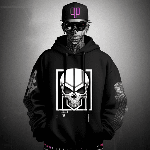 AI generated: Streetwear Logo designcyber punk style, cyborg hip-hop guy, skull, cool weapon,