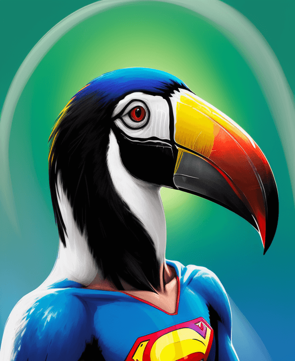 AI generated: Freeze the vibrant and exotic face of a toucan Superman, focusing on the colorful beak and the curio...