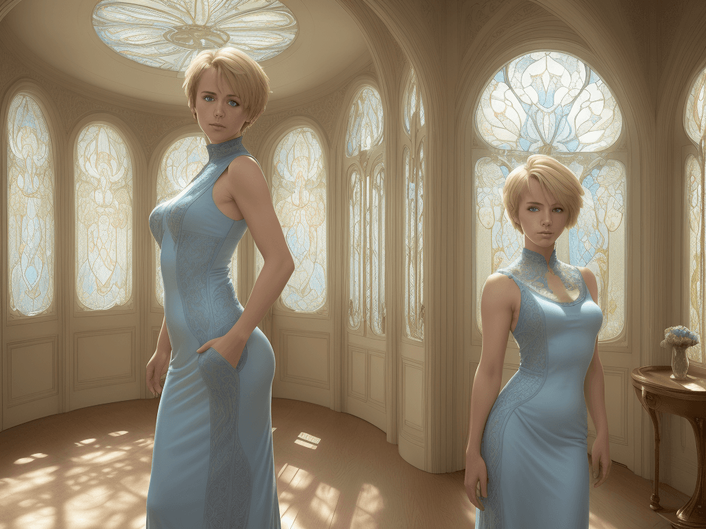 AI generated: HDR photo of a beautiful woman with short blonde hair and light blue eyes, wearing a highly detailed...