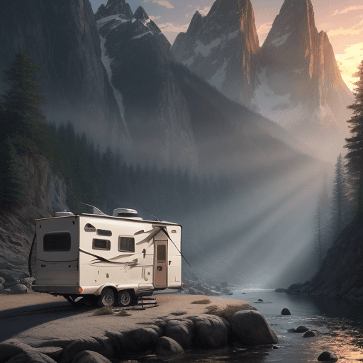 AI generated: Photo of a travel trailer sitting next to a mountain stream, dramatic light, pale sunrise, cinematic...