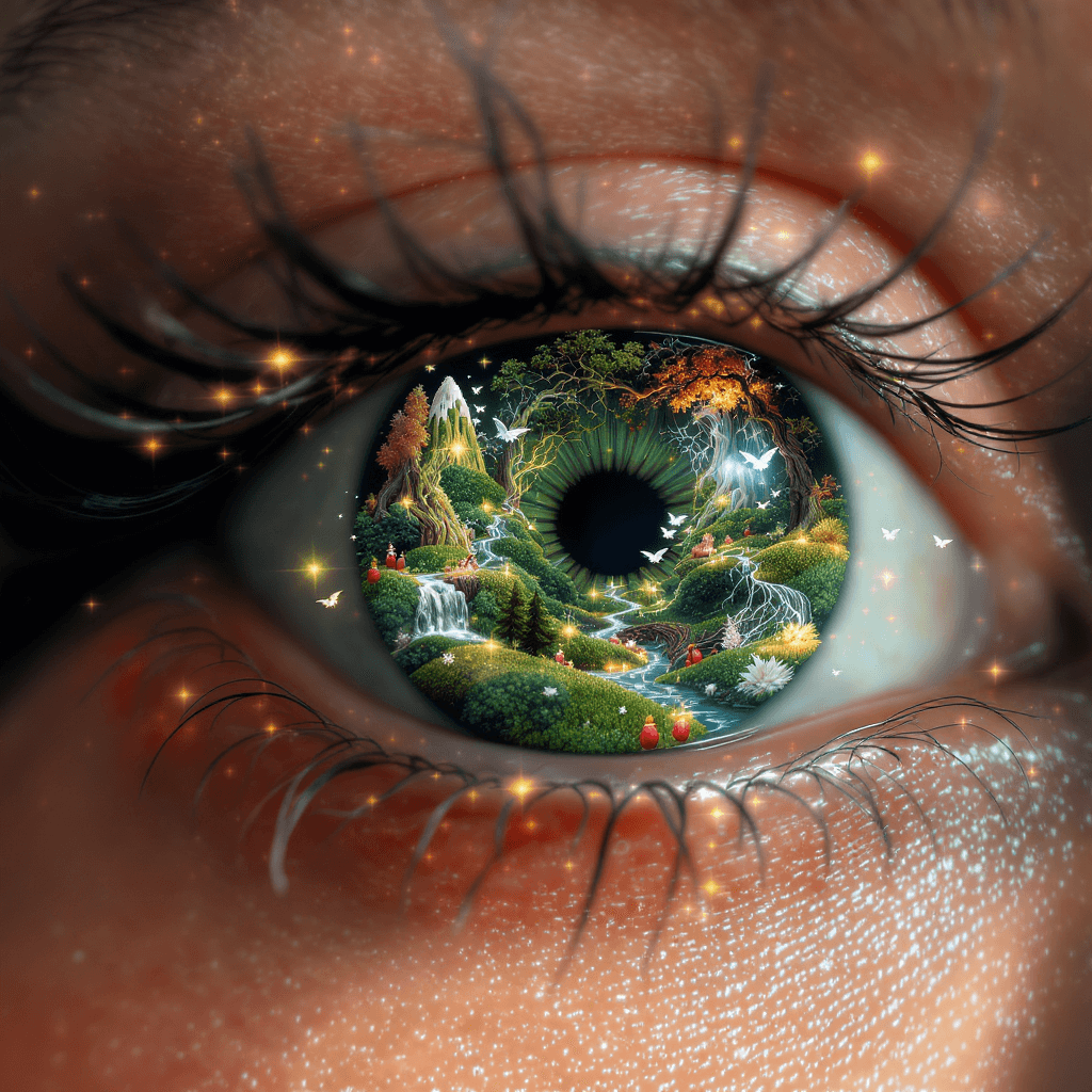 AI generated: whimsical extreme close-up of a woman's eye, the iris transformed into a fantastical miniature lands...