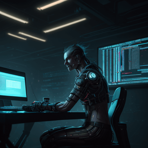 AI generated: The Trading room is dim, with only the light from the screens illuminating the room. The programmer ...