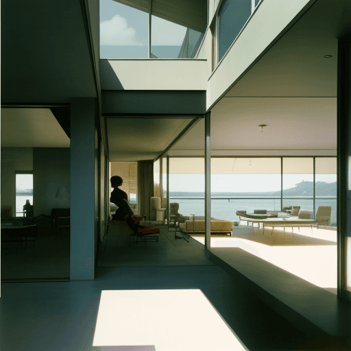 AI generated: Hyper realistic eye level exterior photo of a mid century modern style house overlooking the ocean, ...