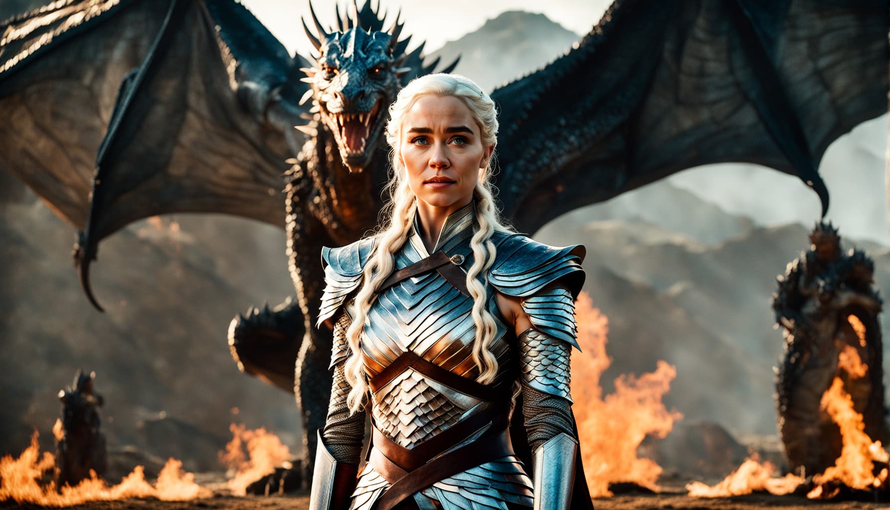 AI generated: game of thrones movie still of Emilia Clarke as Daenerys Targaryen, front view, in armor of dragon s...