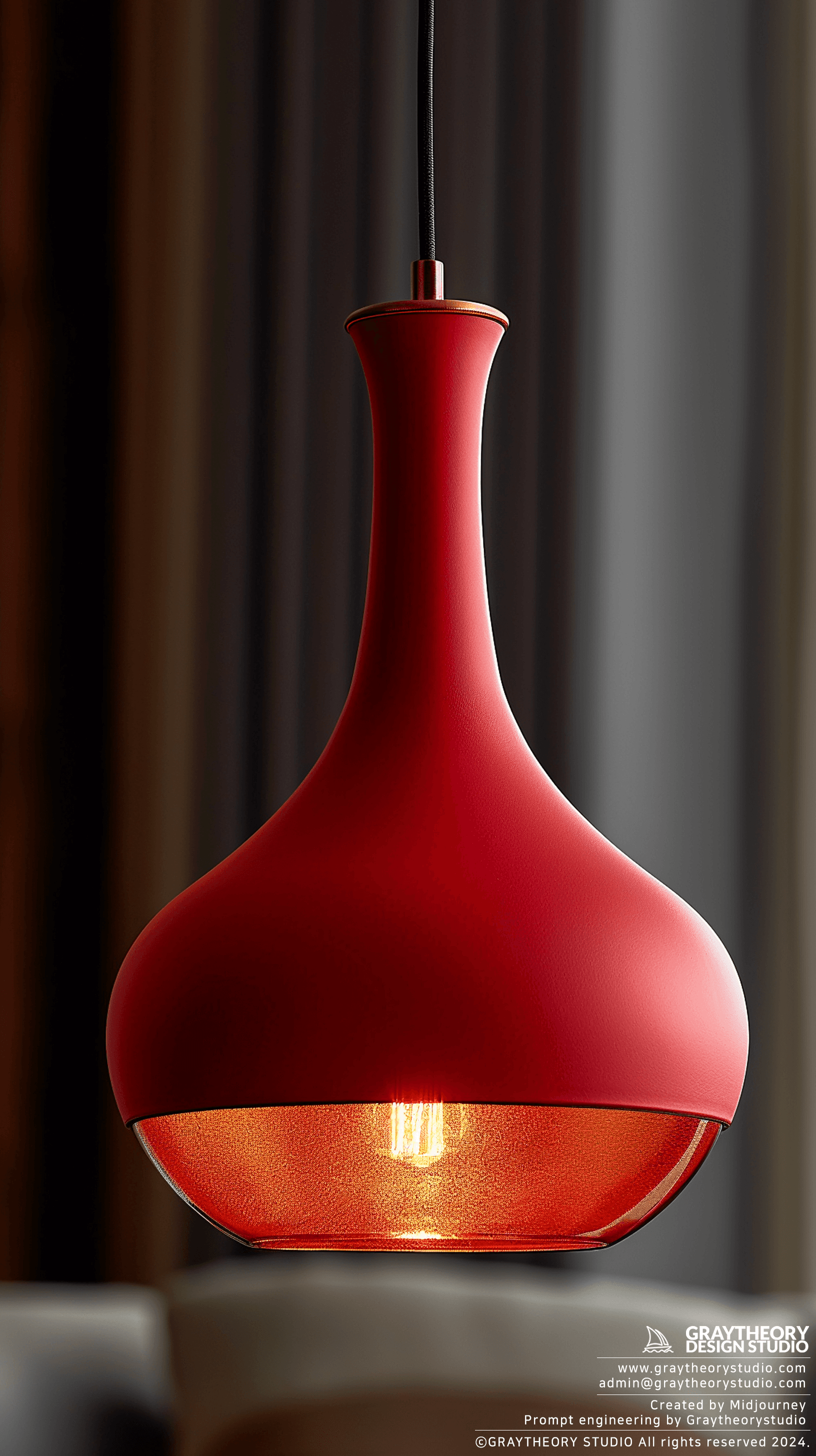 AI generated: contemporary pendant light, using a 90mm lens, burgundy color, with lighting that emulates a bright ...