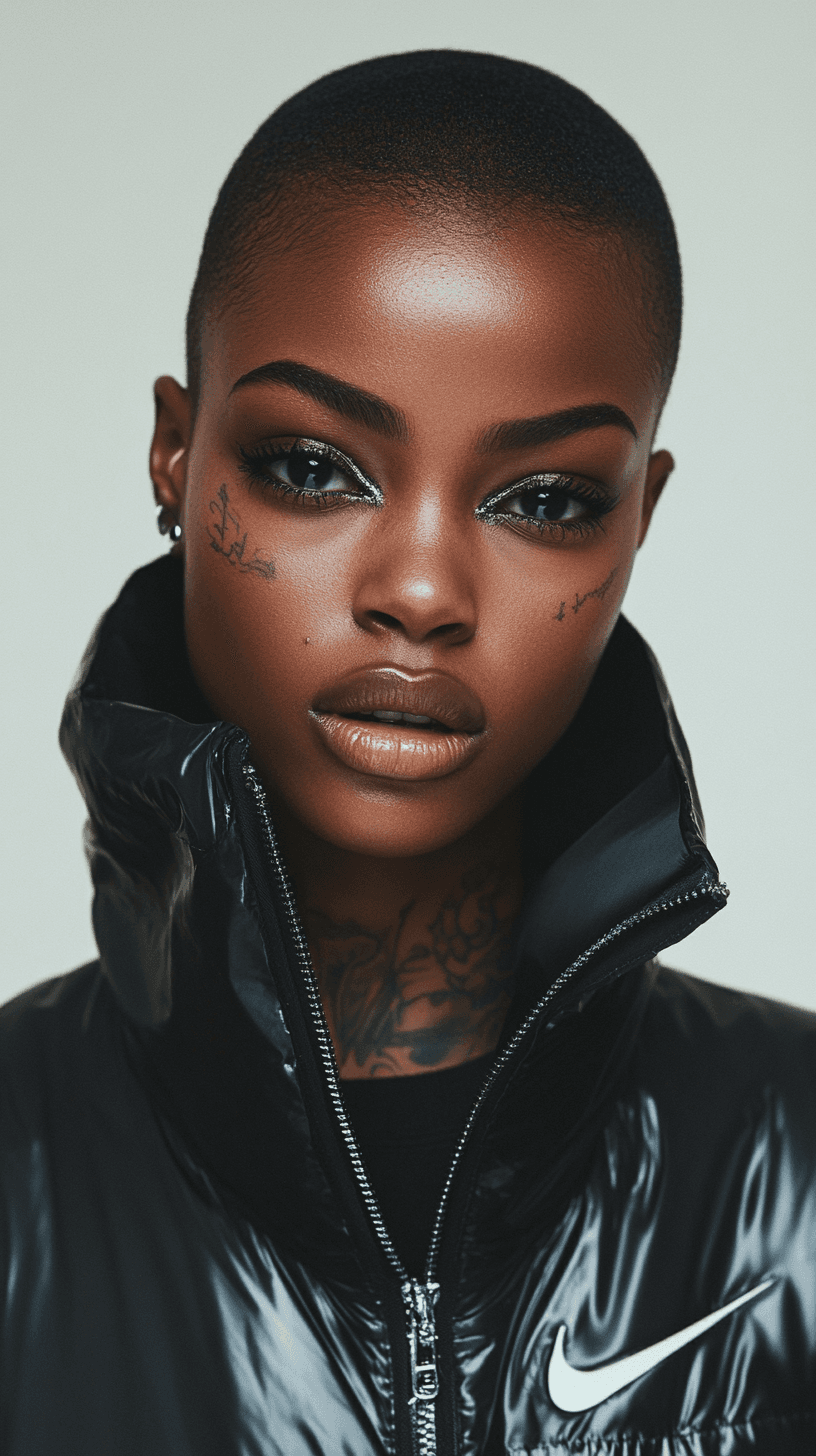 AI generated: Symetrical ultra Closeup of a dope faced tattoed model, dark mirror glazed Nike sport outfit, Minima...