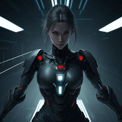 AI generated: Cybernetics, action movie protagonist, female warrior, virus, cyberspace, repeating patterns, unreal...