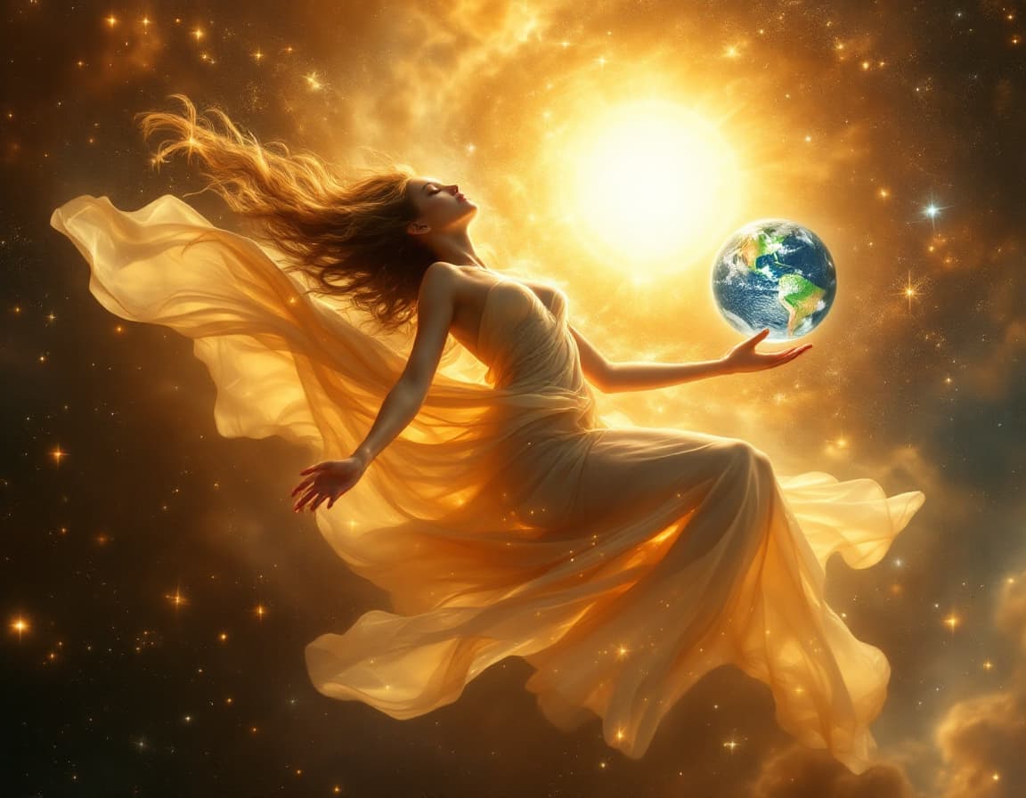 AI generated: In the endless silence of space, a radiant goddess floats effortlessly among the stars. She leans ba...