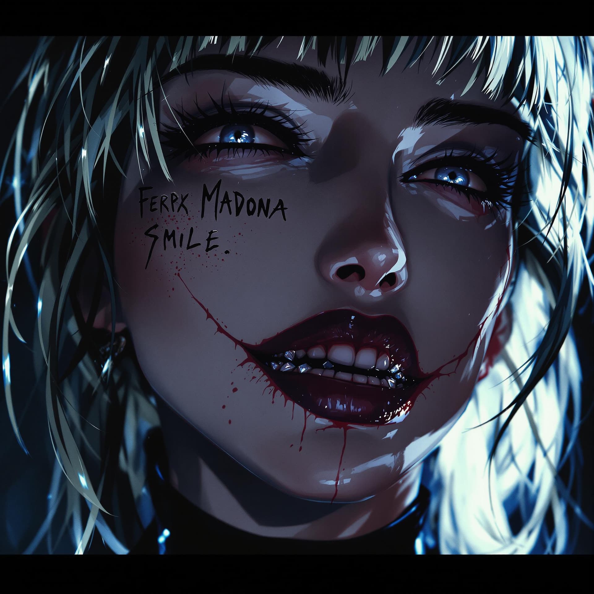 AI generated: anime horror close-up portrait of a woman inspired by Madonna, styled like a character from Smile, h...