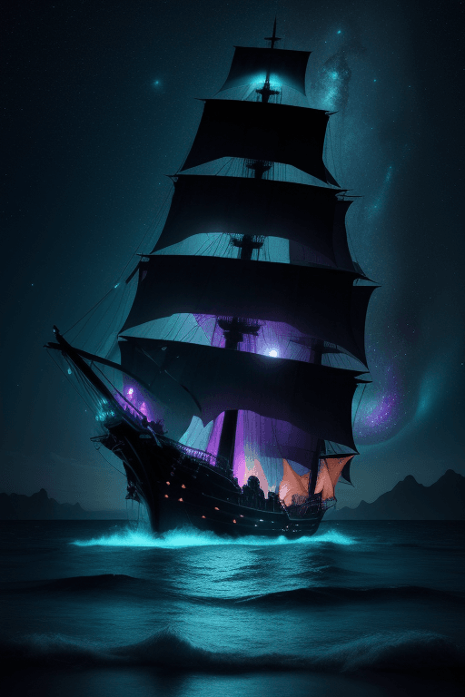 AI generated: (Pirate ship sailing into a bioluminescence sea with a galaxy in the sky), epic, 4k, ultra,