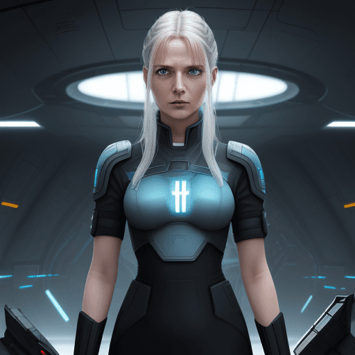 AI generated: sci-fi bild, junge frau, 25 jahre, schlank, dunkelblaues Haar bist zur hüfte, biologin, anführer ein...