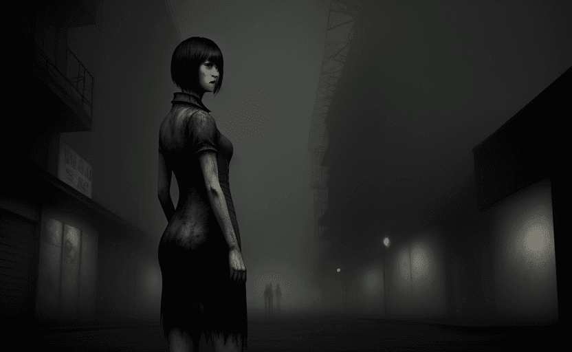 AI generated: woman standing, Final Fansaty type of character, Silent Hill inspired, Fatal Frame, Versus 13, horro...