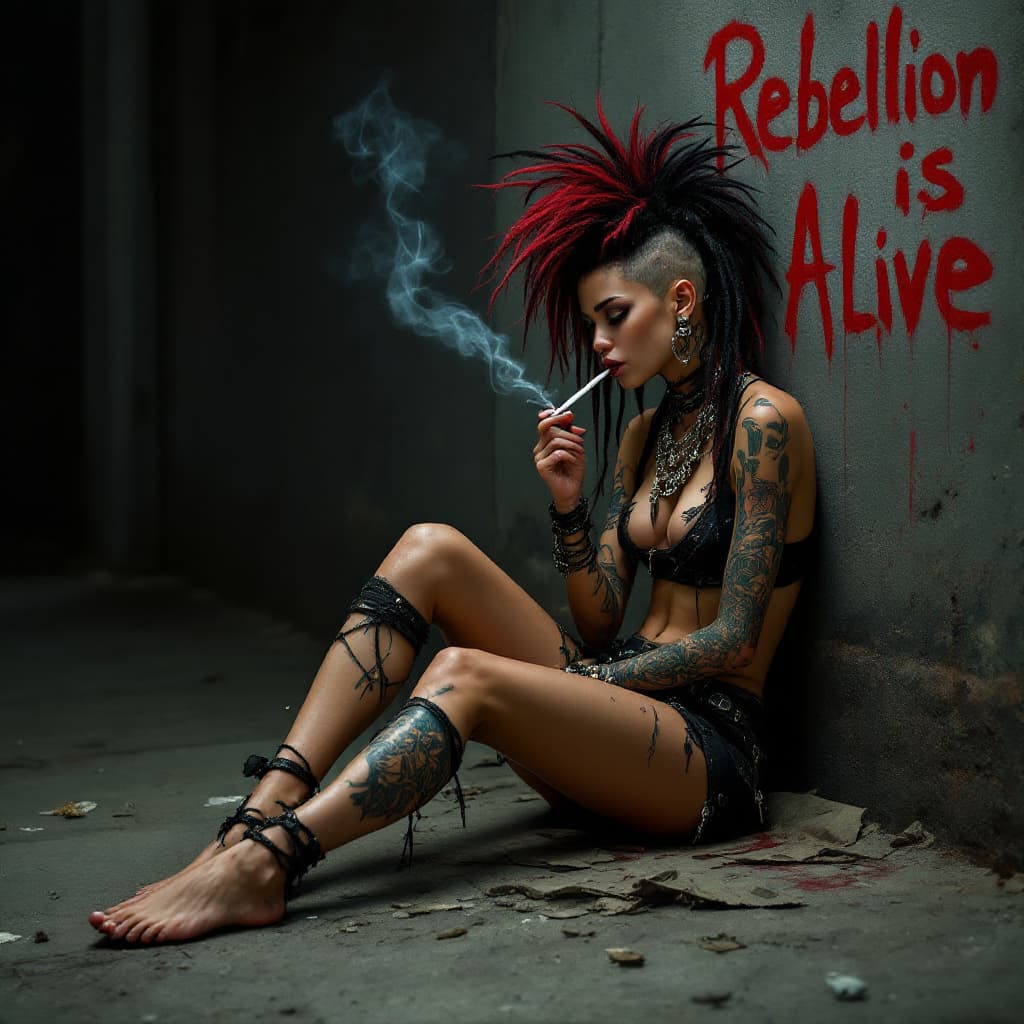 AI generated: Full body view of a slender punk female sitting reclined against the wall of a dark street savoring ...