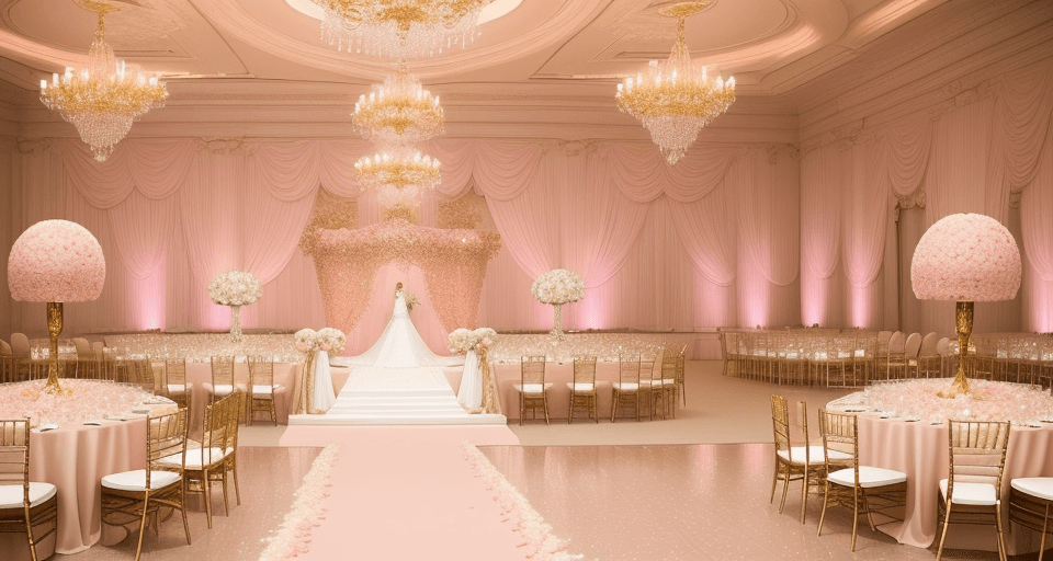 AI generated: "luxury ballroom wedding, crystal chandeliers, blush pink and gold theme, bride in lace wedding dres...