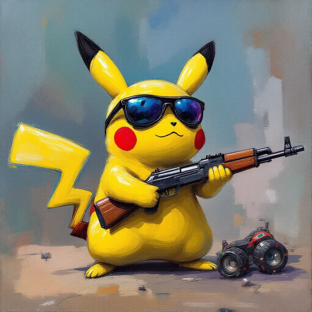 AI generated: A Picasso Style painting of pikachu with an ak47, part of the crips gang