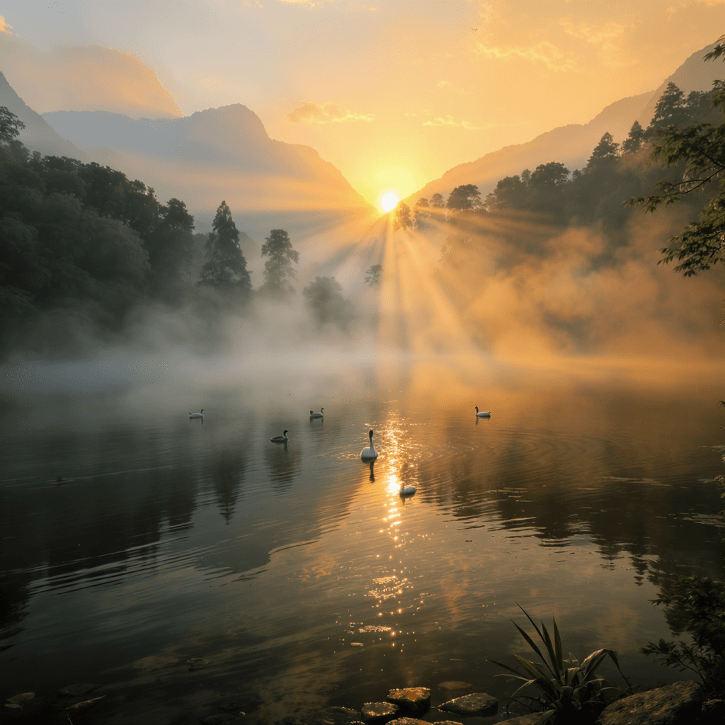 AI generated: ducks and swans in a lake, mist, golden hour light falling on trees, morning, mist on the river, gol...