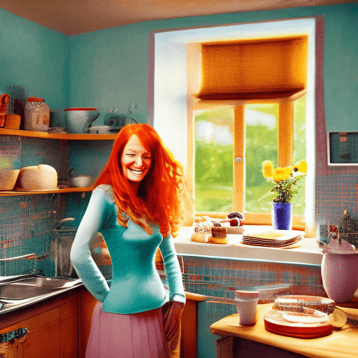 AI generated: hyper-reealistic photo of a woman, ginger long hair, she's at home at her bright kitchen looking at ...