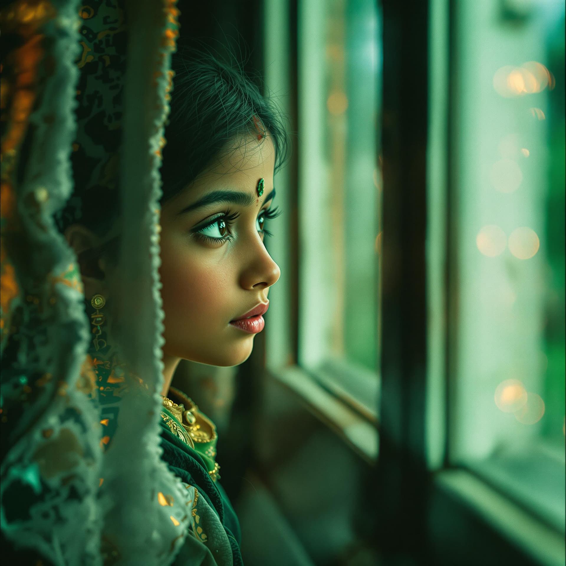 AI generated: the little Indian girl looking out the window, in the style of distinctive noses, manipulated photog...
