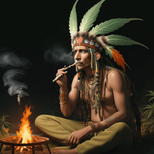 AI generated: High-resolution photograph of a psychedelic scene, indian chief with a cannabis headdress, smoking a...