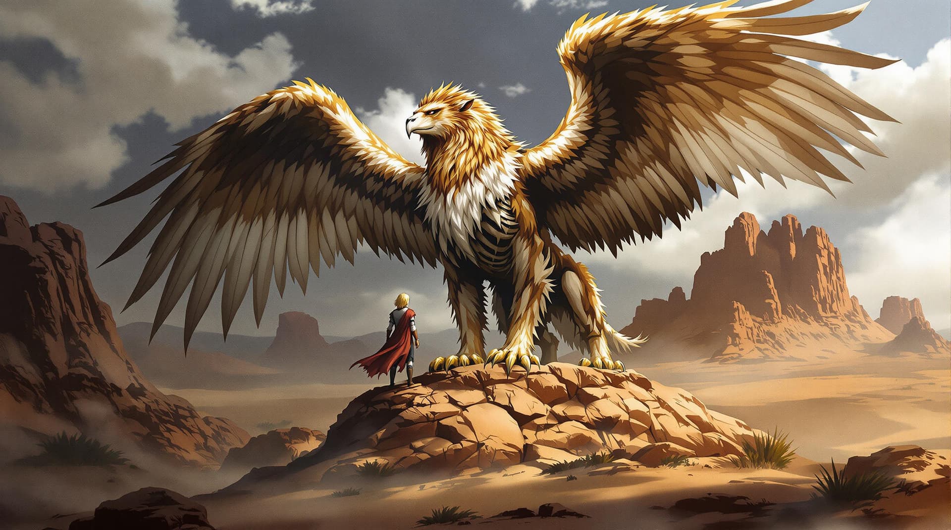 AI generated: Image is a fantasy scene featuring a large, majestic griffin with a lion's body and an eagle's head ...