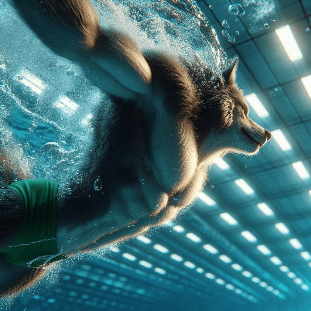 AI generated: Close-up professional cinematic 3D animation of a long-furred wolf man diving gracefully into the in...
