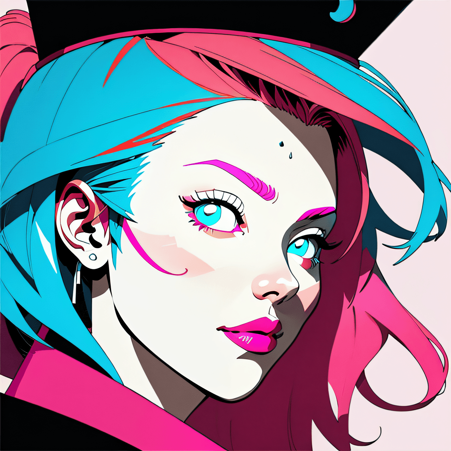 AI generated: profile, deformed background, (flat color), solo, close-up face, (illustration), many layers, limite...