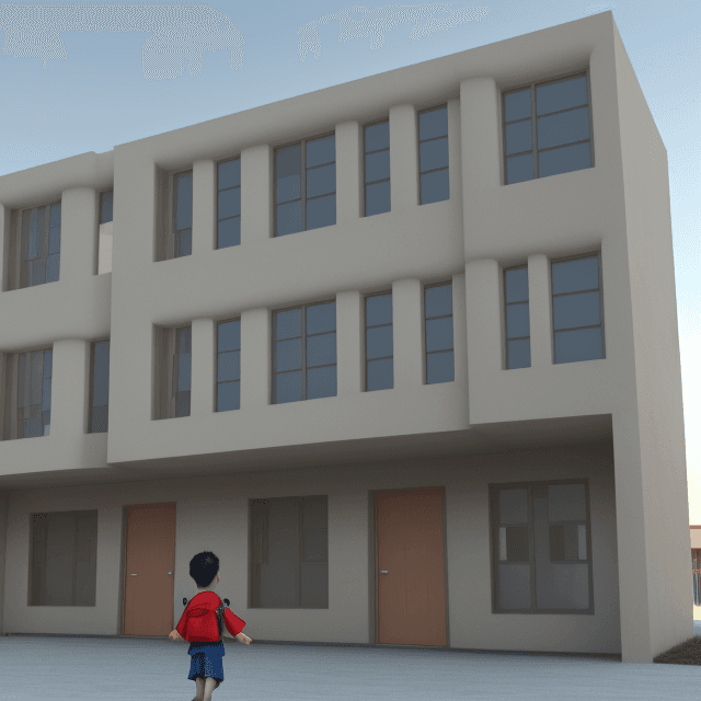 AI generated: A child does not want to go to school, create a school 3d building showing eating the child, the chi...