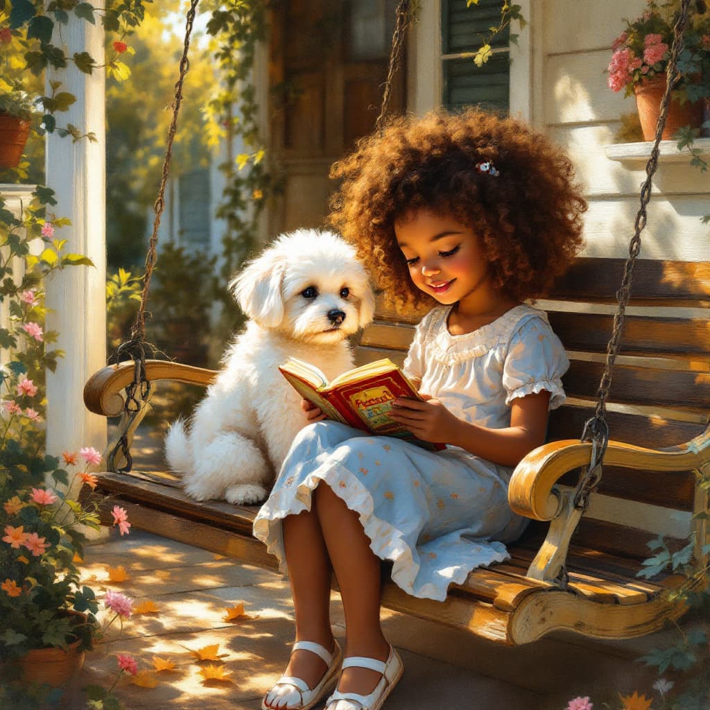 AI generated: full length view: A charming oil painting of a little brown-skinned girl with curly hair, sitting on...