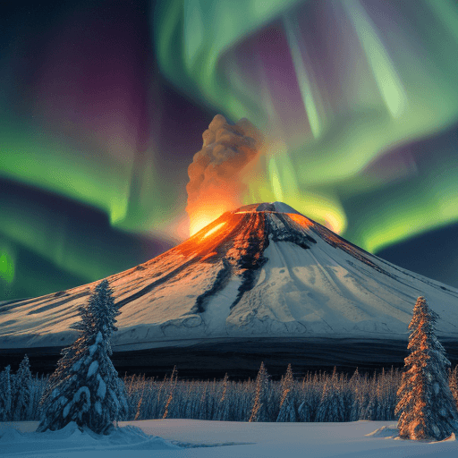 AI generated: realistic photo of volcano erupting, in snowy northern landscape, aurora borealis, wide image, two s...