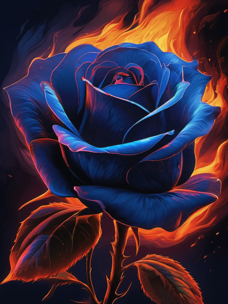 AI generated: A midnight blue rose burning, heartbreaking composition, digital painting, expressionism, gloomy, em...