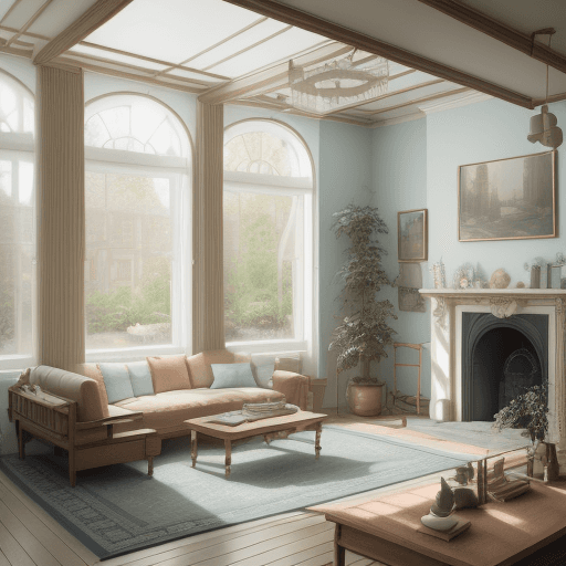 AI generated: High resolution photography interior design, dreamy sunken living room conversation pit, wooden floo...
