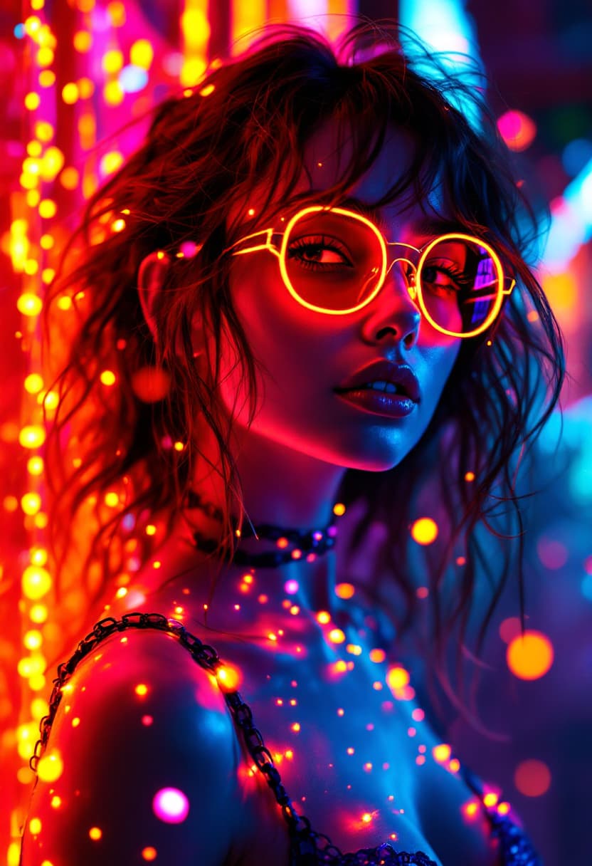 AI generated: a full body bio limerent woman looking at viewer, Futuristic retro vaporwave, neon woman with long m...