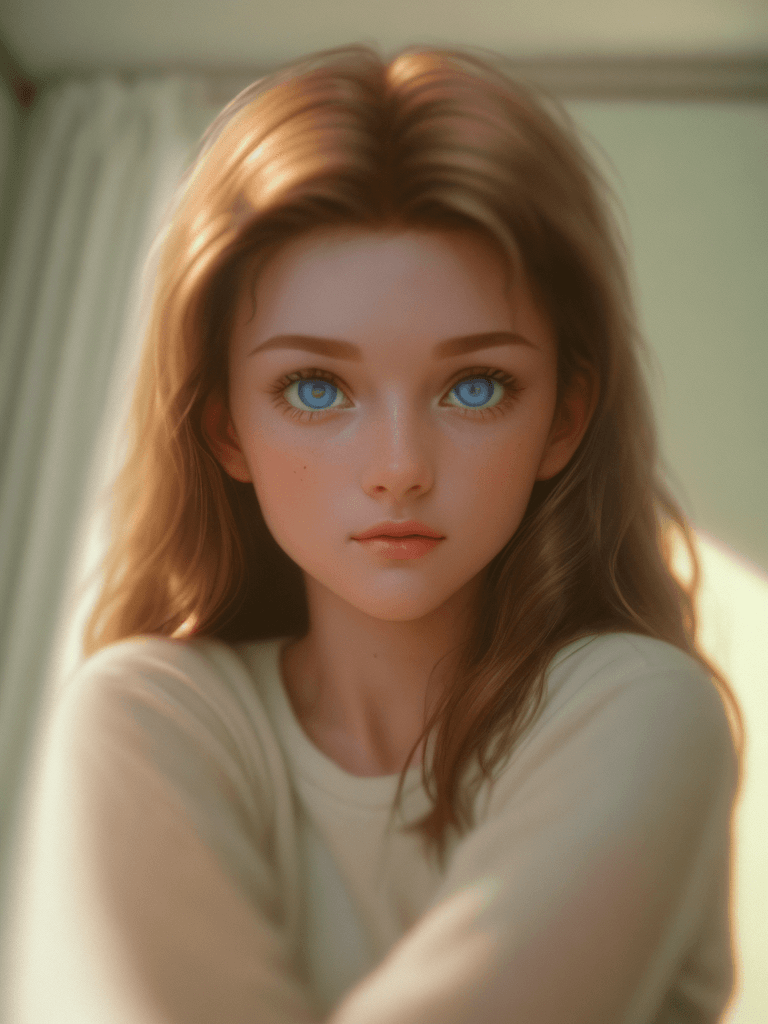 AI generated: ultra realistic photo, ray tracing, perfect eyes, cozy bright room film grain, Kodak portra 800, f1....