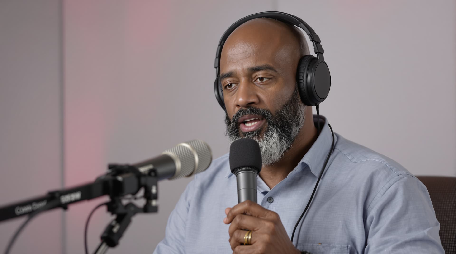AI generated: A male reporter. age: late 40. speaking into a handheld microphone brown skin, beard, live streaming...