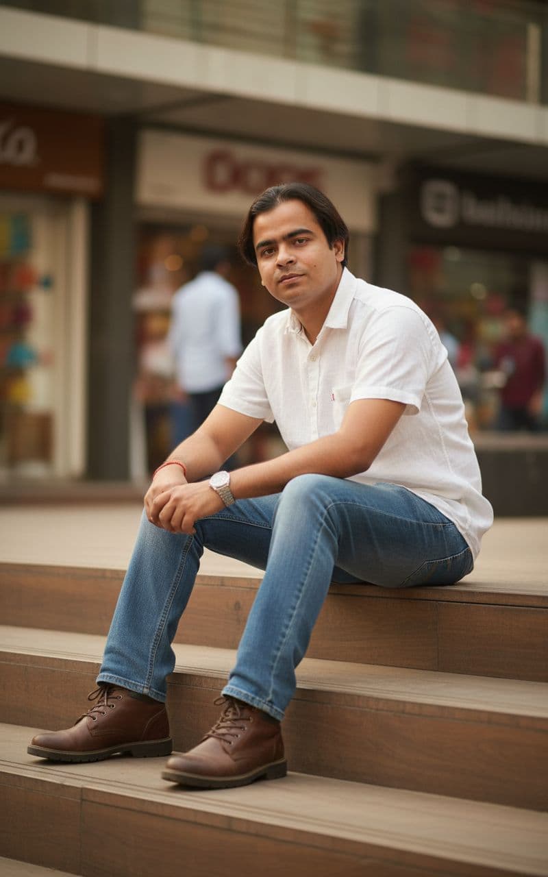 AI generated: Outdoor street-portrait in New Friends Colony CC Market, New Delhi.



A stylish young man (use ...