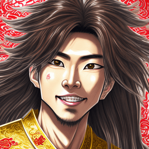 AI generated: long fluffy brown haired chinese anime male, youth, boisterous, full of energy, semi-realistic, whir...