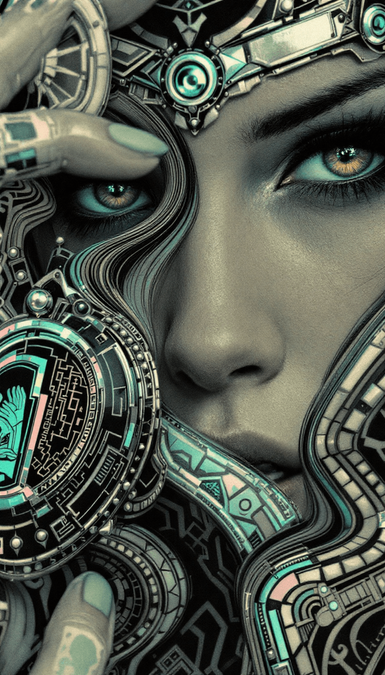 AI generated: A close-up portrait of a fierce woman in M.C. Escher's surreal space laboratory. Her intense gaze lo...