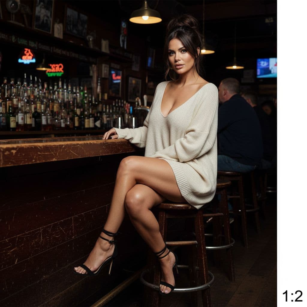 AI generated: high definition, extreme detail, portrait photo, a Keeley hazell, dark brown hair , messy hair bun ,...