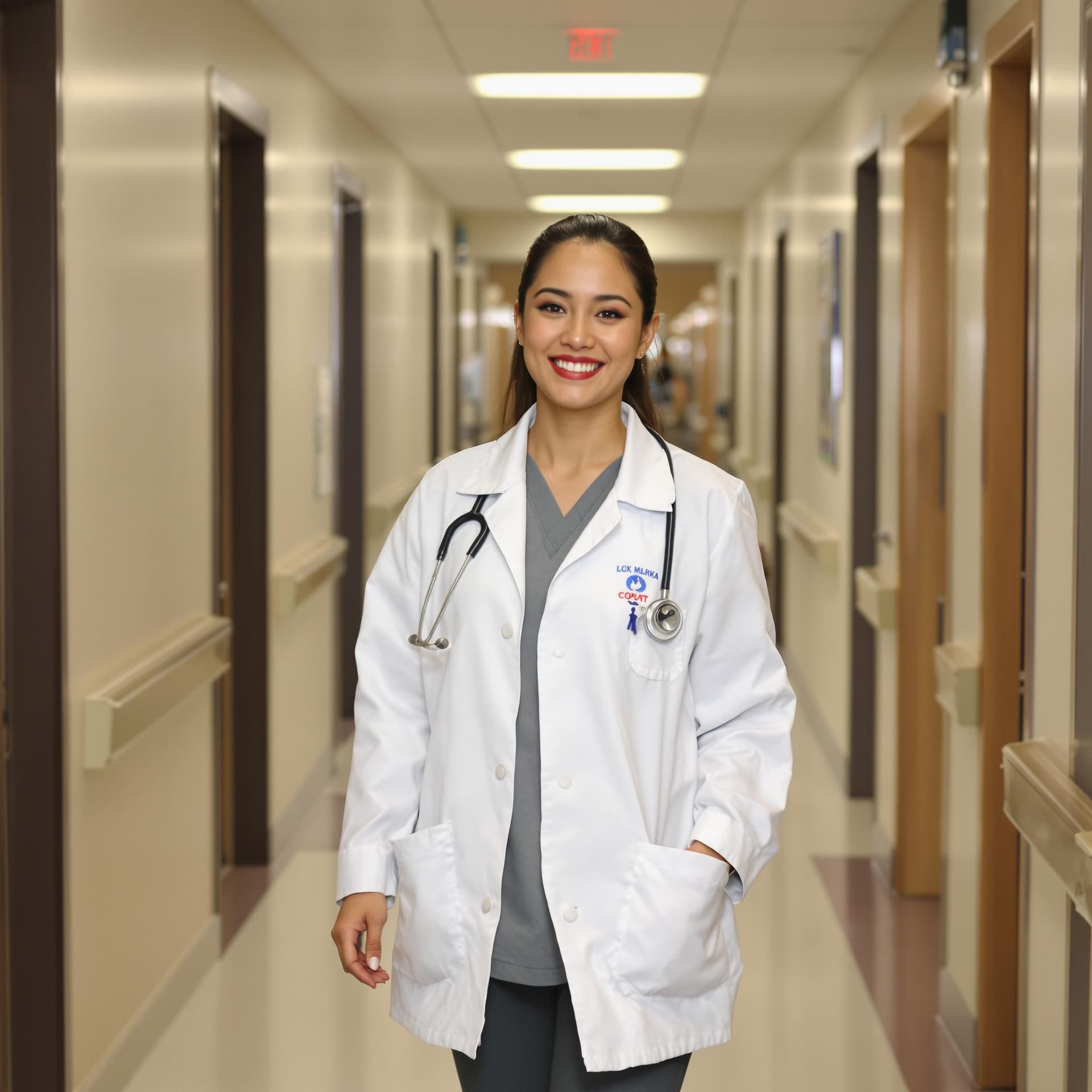 AI generated: a filipino woman wearing a medical white lab coat, she's walking down a hall at a hospital while loo...