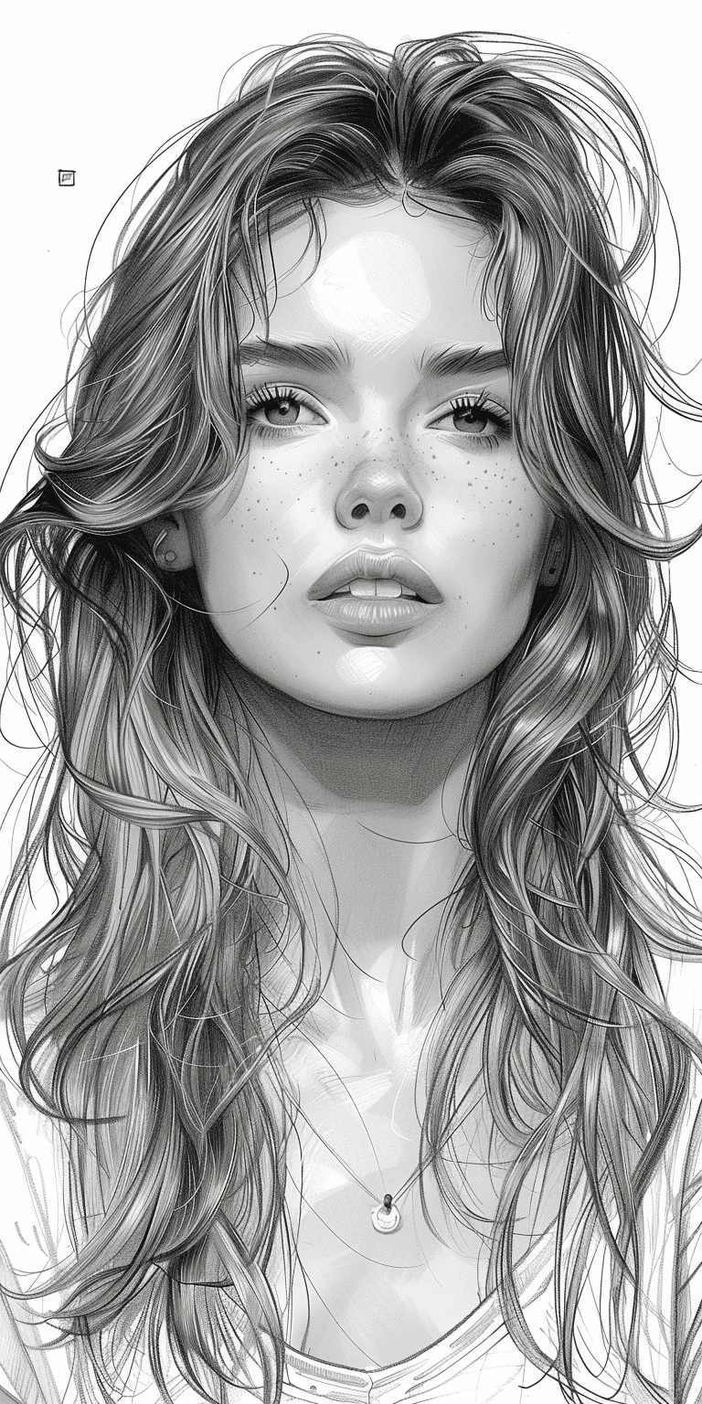 AI generated: Black-and-white ink drawing of a beautiful young woman in her mid-20s with long hair, sketch focuses...