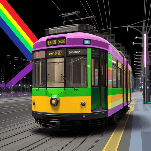 AI generated: Melbourne Tram with rainbow car paint, painted in Fracoise Nielly style, high quality digital art.