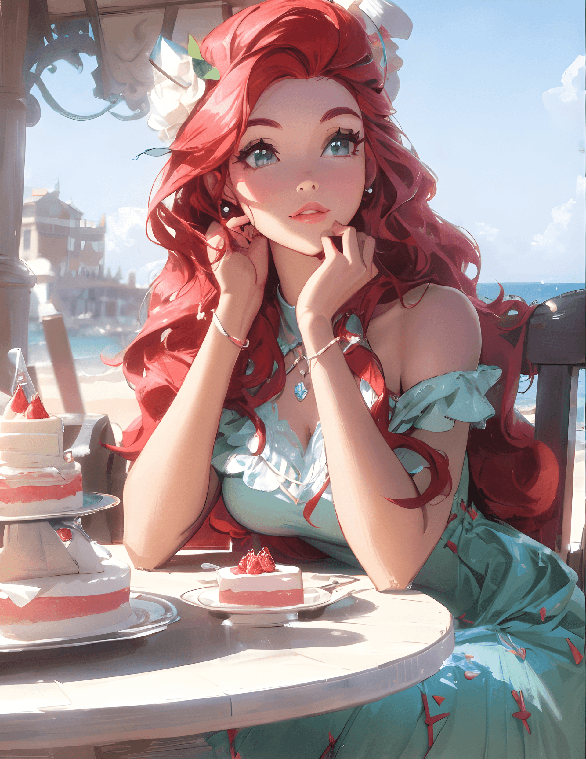 AI generated: a woman sitting at a table with a cake in front of her, digital art, inspired by disney, tumblr, wit...