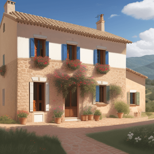 AI generated: Non realistic paint. A countryside house in a classic Catalan style. Add a blue, white and red ribbo...