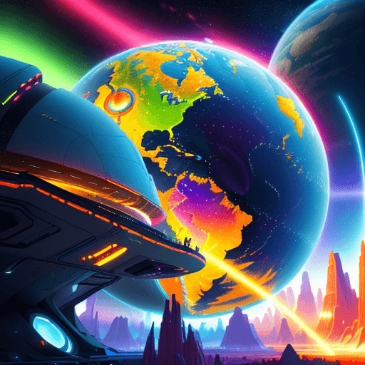 AI generated: A vibrant, colorful world of the future, where mankind, aliens, and AI live in peace and joy. Highly...
