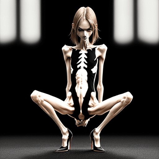AI generated: squatting position of extreme skinny slender anorexic girl very skinny slender girl, with long curve...