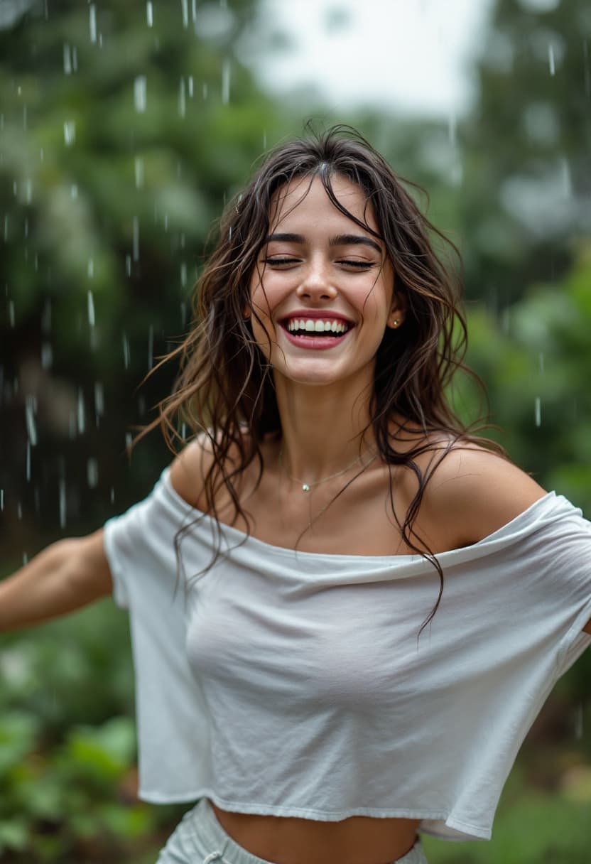AI generated: low view, depth of field, photograph, a beautiful woman, long wavy brunette hair, arms outstretched,...