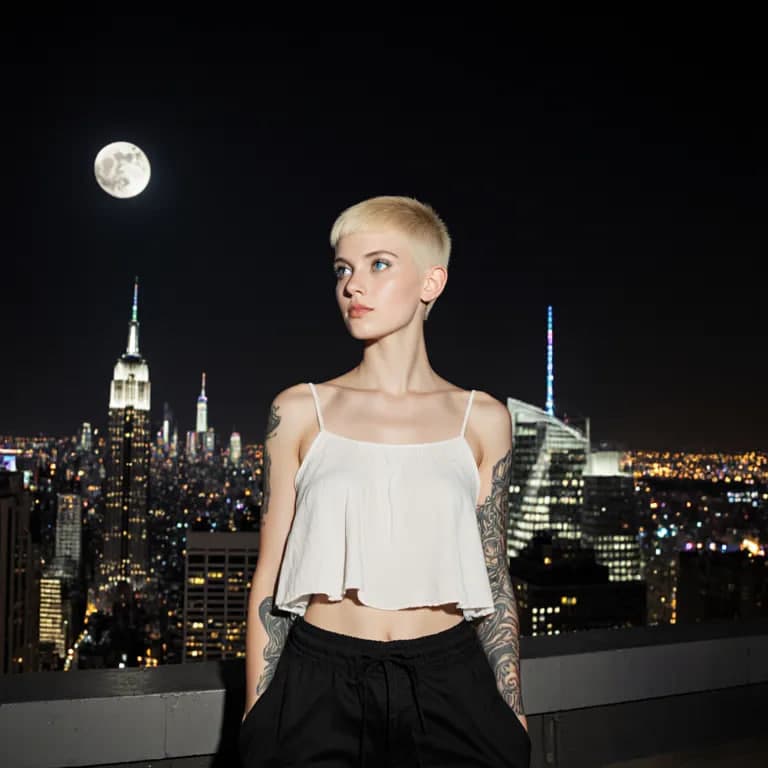AI generated: The cityscape behind her creates a stunning backdrop with towering skyscrapers and neon lights.