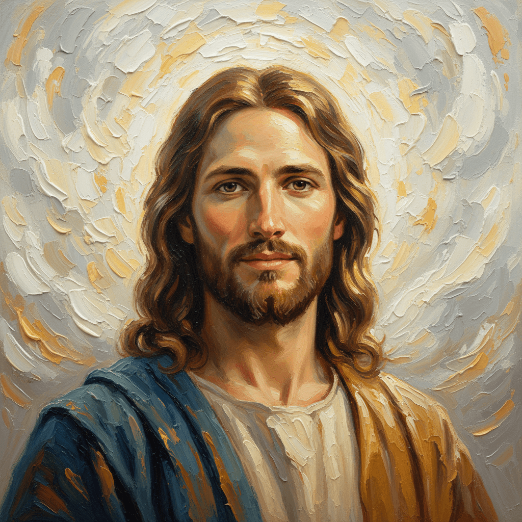 AI generated: A highly detailed oil painting in the style of Jesus with a gentle, compassionate expression and war...