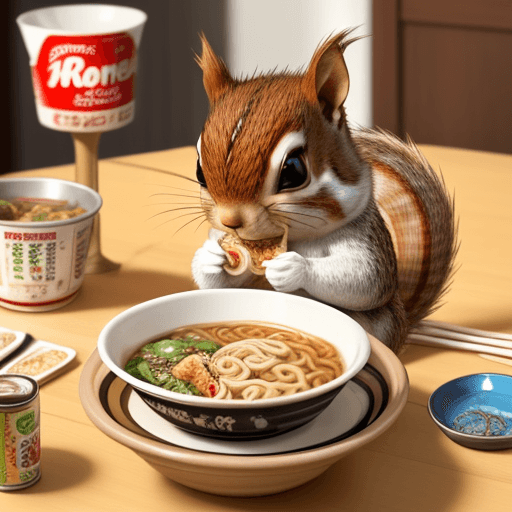 AI generated: a charming squirrel is indulging in ramen noodles with all the flair and enthusiasm of a gourmet mea...