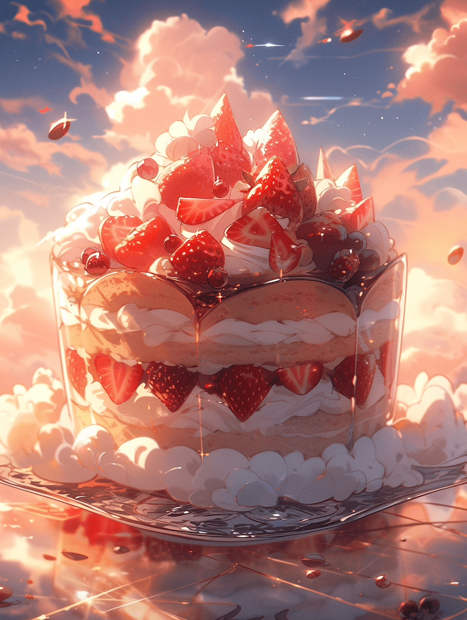 AI generated: An illustration 3D stereoscopic Many layers of cake in the sky Dreamy scene Superior red coloring Ex...